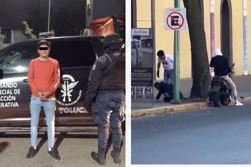 Video: Atrapan a violento motorratón que asaltó a hombre en plaza El Molino, Toluca